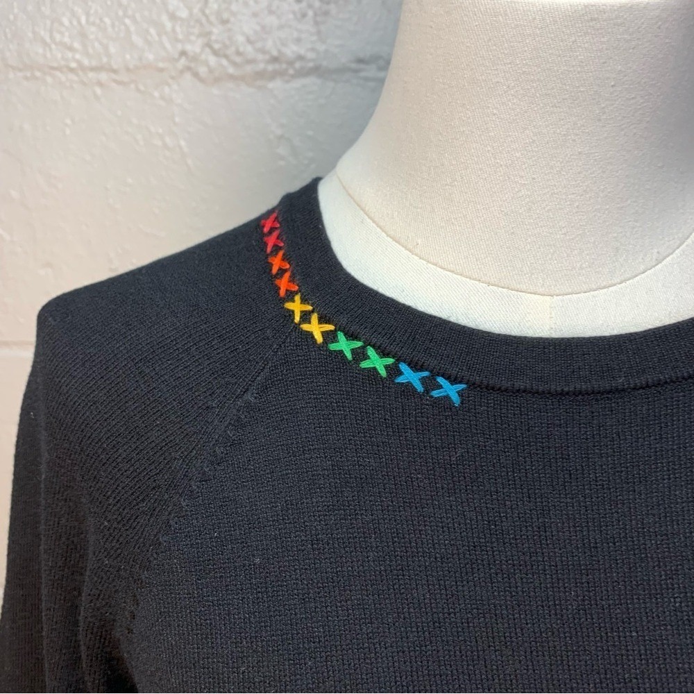 J. Society Black Crewneck Sweater Rainbow Embroidered Accents Women's Size XS